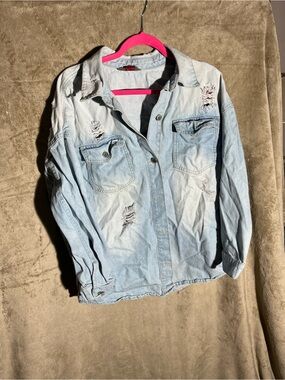 Light Blue Distressed Women's Denim Jacket - Casual Overshirt